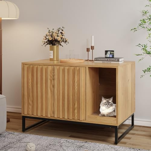 Halitaa Recinto moderno para caja de arena para gatos, mueble con caja de arena oculta con rascador, mesa auxiliar tipo caseta de baño para gatos, banco de entrada para sala de estar (natural)