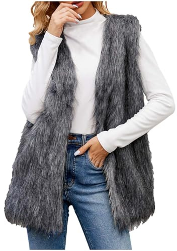Gilet lungo in pelliccia sintetica da donna, senza maniche, con scollo a V, elegante, tinta unita, spesso e caldo, in pelliccia sintetica, giacca invernale, grigio scuro, s
