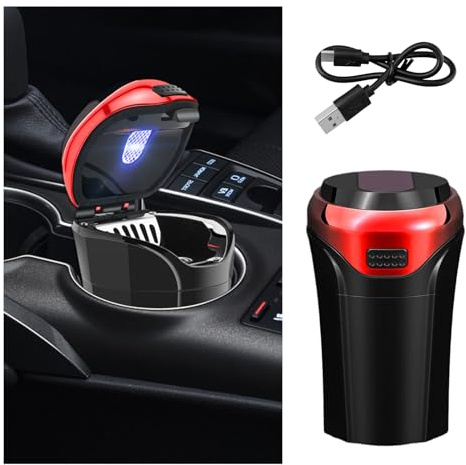 Suvnie Car Ashtray with Lid, Detachable USB Rechargeable Auto Cigarette Lighter with Blue LED Light, Portable Smell Proof Stainless Car Ash Tray, Mini Automotive Trash Can (Red)