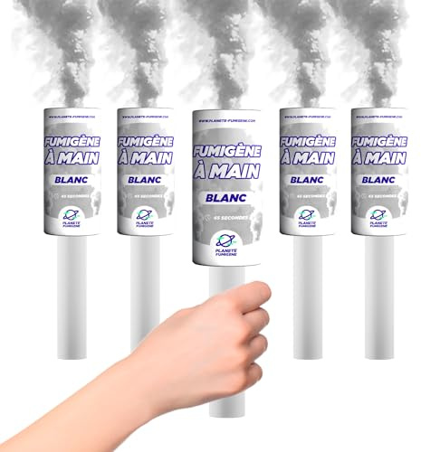 Planete Fumigene Fumigène Torche Main Blanc 45s Mèche Lot de 5 T1 | Fumée Blanche Dense 45 Secondes, Déclenchement Mèche, Tenue Main, Catégorie T1, Artifice Diurne, Utilisation Extérieure