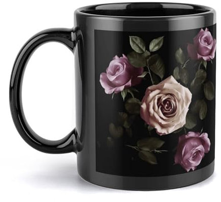 NTVOWPZO Kaffeetassen Große Porzellantasse Schwarz Blackgound Rose Keramik Steeping Mug mit Henkel Porzellan Kaffeetassen Lustige Tasse Teetassen mit Griff für Männer Frauen