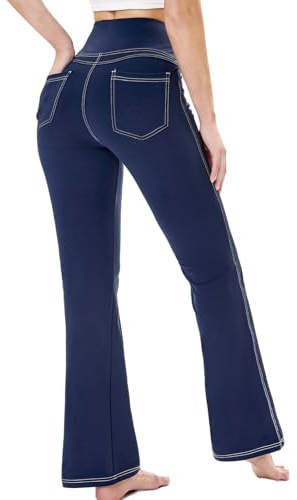 Chasehot Pantalons de Yoga et Pilates Femme, Pantalons de Sport Évasé Taille Haute avec Poches Flare Leggings Pantalon Stretch Contrôle du Ventre,Bleu-L
