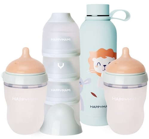 Happymami, Pack 2 Biberones Personalizables + Termo + Dosificador - Set Regalo Recién Nacido - Kit Alimentación Anticólicos y Sin BPA, creado por matronas