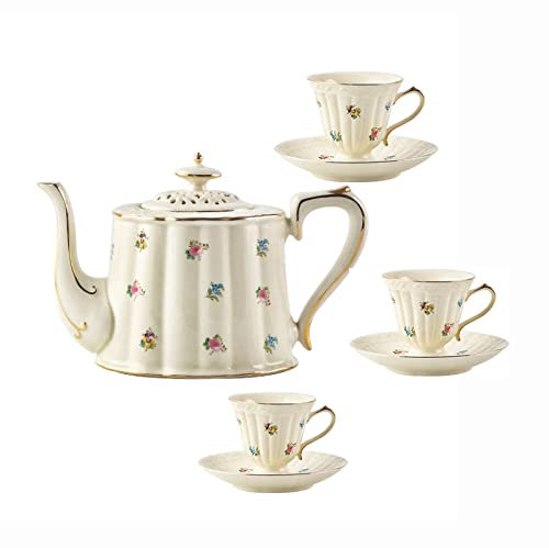 TLTDSMYF Teeservice im Hofstil für Erwachsene, Kaffeetassen und Untertassen aus Porzellan, rosafarbenes Teekannen-Set mit Bone China-Motiv „Old Country Roses“, 7-teilig