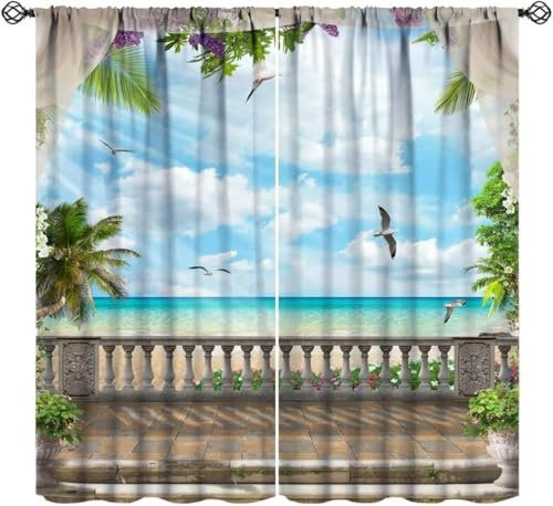 3D Verdunkelungsvorhang Ösen Blick Auf Den Strand,2Er Set 220X215 cm (B + H) Gardinen Wohnzimmer Gardinen Blickdicht Kinder Vorhänge Schlafzimmer Dekoschals Gardine-438827836