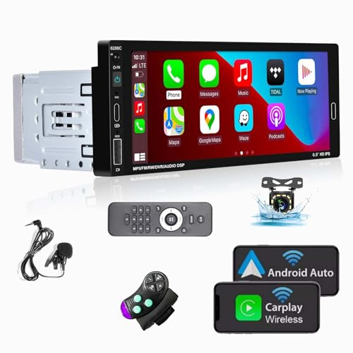 Fuluku 6.9 Pulgadas Pantalla Táctil Radio Carplay 1 DIN, Android Auto 1Din Radio Bluetooth FM SWC EQ Mirror Link Cámara de Seguridad Mic USB/AUX/TF/Control por Voz