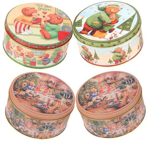 VINTORKY Christmas Candy Box Set 4 Pack Small Case Lids Iron Tin Biscuit Boxes Xmas Biscuit Tin Small Christmas Tin Box for Decorative Storage