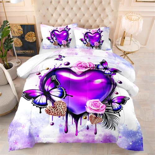 Bettdecke 200X200 Lila Herz Bettdecken 200Gsm,Dünne Und Leichte Duvet,4 Jahreszeiten Bettdecken,Weiche Mikrofaser Bettdecke Mit 2 Kissenbezüge,Warm Steppbettdecke Für Allergiker