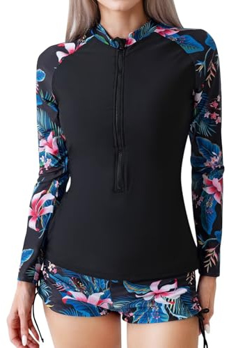 TERODACO Women Rash Vest Half Zip UPF 50+ 2 Piece Swimming Costume | Ladies Swimsuit Surfing Swim Shorts and Top Set,Stretchy Soft Sweat Wicking
