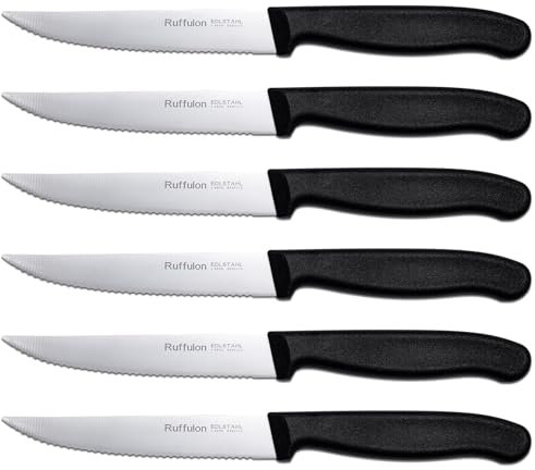 Ruffulon Coltello da Cucina Professionale,Set di 6, Coltelli da Bistecca,Coltello da Bistecca in Acciaio Inox di Alta Qualità,Utensili da Cucina Neri,Coltelli da Tavola Resistenti