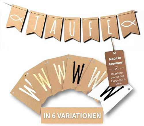 Taufe Wimpelkette – Deko Girlande für Tauffeier & Babyfest – Vintage Banner für Taufdeko & Babyparty (Kraftpapier + Weiße Schrift)