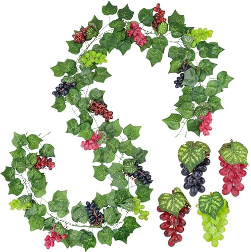 Folmywy 16 Pack Artificial Fake Grapes with 3 Strands Faux Grape Vines Leaves Hanging Plant Realistic Rubber Fruits Decoration for Home Party Garland Living Room Shelf Cabinet Decor