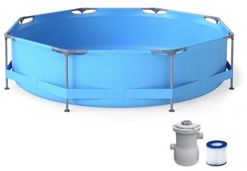 GOPLUS Piscine Hors Sol avec Pompe de Filtration, Piscine Enfants Adulte Pliableen PVC avec Cadre Métallique & Vidange de Fond & Coussinets Antidérapants, Jardin, Terrasse, Pelouse (Bleu,φ3,6M)