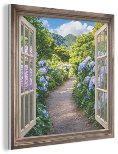 MuchoWow© Filzbilder Wanddeko Wohnzimmer Aesthetic Room Decor Deko Zimmer | 90x90 cm - Wandbilder Modern Bild aus Filz Fensterblick - Hortensie - Pfad - Natur