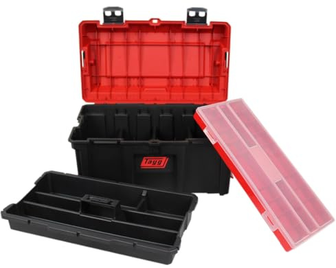 Tayg Modularer Werkzeugkasten, schwarz, L, Koffer und herausnehmbares Innenfach, Metallverschlüsse aus Stahl, großer Griff, belastbar bis 120 kg, leere Werkzeugkiste aus Polypropylen, 590 x 345 x 324