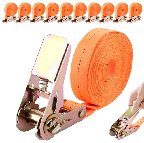 10 Stück orange Spanngurte mit Ratsche, 6 m x 25 mm Zurrgurte ohne Haken, Ratschengurte zur Ladungssicherung, Befestigungsgurte für Auto, Motorrad, Anhänger, Camping, Umzug und Gepäck