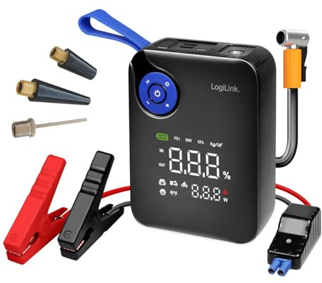 LogiLink PA0358 - Starthilfegerät, Powerbank, Luftpumpe, Notlicht, 4-in-1, 12 V/7200 mAh, Schwarz