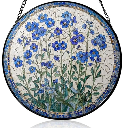 Sun Catchers for Windows, Forget Me Not Flowers, Sympathy Gift for Loss of Loved One, Stained Glass Effect Acrylic Window Hanging Suncatcher Memorial Ornament for Patio Garden Fence Living Room