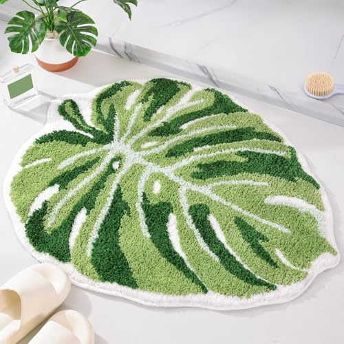 Dermalyx Monstera Blatt Badezimmerteppich, rutschfest Badmatte im Palmblatt Design, Badezimmermatte, Boho Stil, Grüne Badvorleger für Dusche und Badewanne