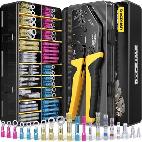 DxCRIMP Crimping Tool Kit with Heat Shrink Connectors & Solder Seal Wire Connectors - 20 Types Marine Grade Electrical Terminals (24-10 AWG) - Ring, Butt Splices & End Caps for Auto Boat Wiring
