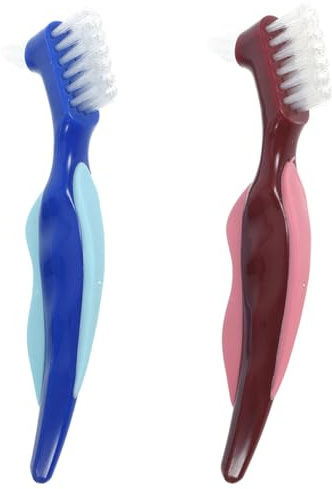 Abaodam Lot de 2 Brosses à Prothèses Dentaires Doubles Faces, Nettoyage pour Dentier, Couleurs Rouge et Bleu, Outil Portable pour Entretien D’appareil Dentaire, Produits D’entretien