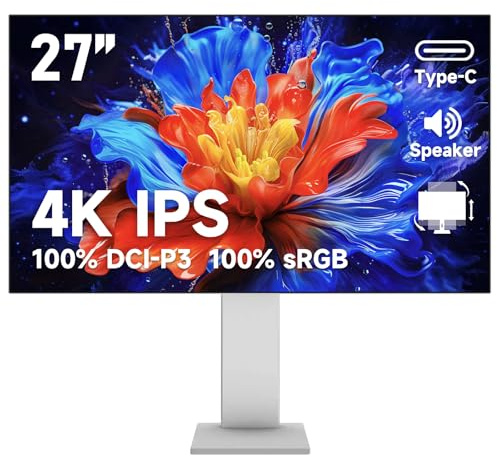 Gawfolk 27-inch IPS 4K UHD computer monitor, ultra-clear (3840×2160p) PC screen, 100% sRGB, 100% DCI-P3, Type-C, Display Port, HDMI, built-in speakers, supports height adjustment and rotation- black