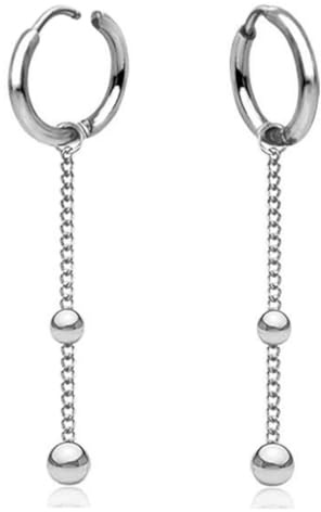 Smala kreoler i rostfritt stål för kvinnor | 11 mm hoop örhängen med kedjehänge | vikbart lås Z598, silver