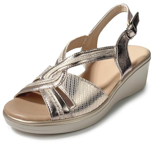 JOMIX Sandales Femme Confort avec Talon Compensé 5 cm Sandales Compensées Femme Été Élégantes Bout Ouvert avec Bride Arrière et Boucle Réglable Semelle Souple Chaussures Femme Légères Doré 36