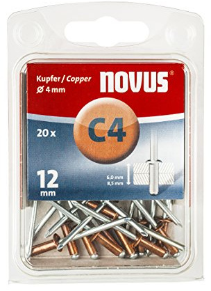Novus Kupfer-Blindnieten 12 mm, 20 Stk., Ø 4mm, 6.0-8.5 mm Klemmlänge, für korrosionsbeständige, leitfähige Verbindungen