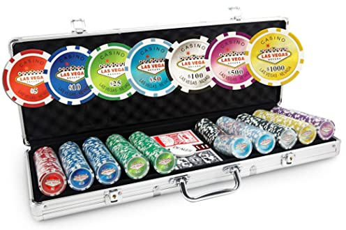Valigetta Laser Las Vegas 500 gettoni - Set di 500 gettoni da Poker 13,5g+Valigetta Poker Alluminio+2 Giochi di Carte 100% Plastica+Pulsante Dealer