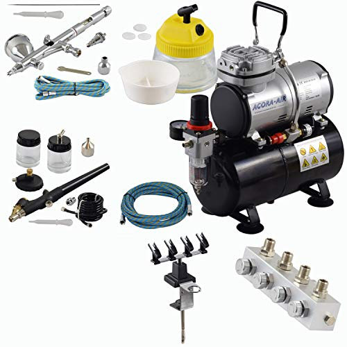 Agora-Tec® Airbrush Komplett-Set PROFI XVII.3, inkl. Kompressor mit 4 bar und 20l/min und 3 Liter Tank + 2 Airbrushpistolen mit 0,2 & 0,3 & 0,8mm Nadeln/Düsen + regelbaren 4-fach Luftverteiler + 4fach-Halter + Clean-Pot + 2 Schläuche + Adapter