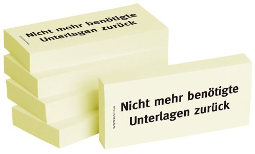 Bedruckte Haftnotizen - Text: Nicht mehr benötigte Unterlagen zurück Ausführung Nicht mehr benötigte Unterlagen zurück Größe (B x H) 75 x 35 mm Inhalt 5 x 100 Blatt