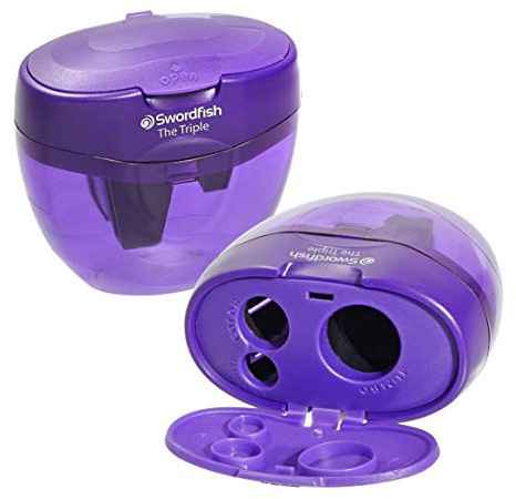 Swordfish ‘The Triple’ Three Hole Pencil Sharpener with Mess-Free Canister [Pack of 1] 8-16 mm [40228s], Purple