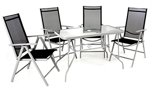 Nexos Trading 5-teiliges Gartenmöbel-Set – Gartengarnitur Sitzgruppe Sitzgarnitur aus Klappstühlen & Esstisch – Stahl Alu Glas – Textilene schwarz/Rahmen grau