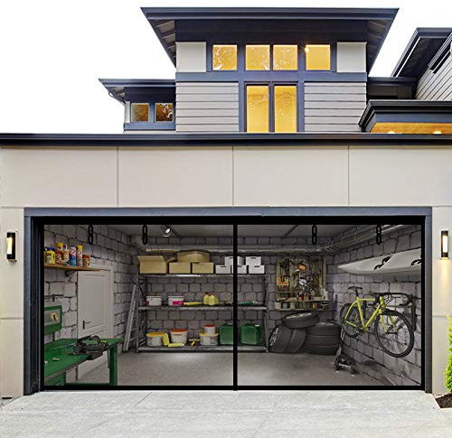 Fiberglass Magnetic Garage Screen Door - Double 16x7ft (2 car) Hands Free Mesh Screen Door，DIY Retractable Garage Door Screen with 6 Roll Up Starps (Fit 16 Ft W * 7 Ft H-A)