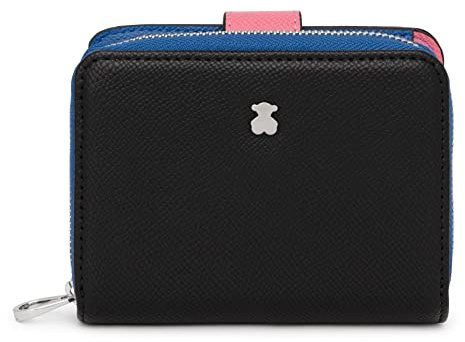 TOUS Cartera de Poliuretano con Efecto Saffiano en Negro y Azul, Cierre Presión y Cremallera, Medidas 12 x 10 x 3 cm, Bonito y Chic, Colección Dubai