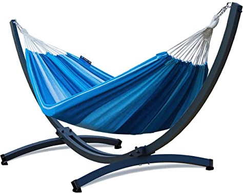 Potenza Outdoor Hängematte mit Verzinkter Tytan Gestell für 2 Personen I Baumwolle Doppelhängematte XXL 220x160, 200kg I Hängemattengestell 350 kg, wetterfest (Blau, Basic Gestell Graphit)