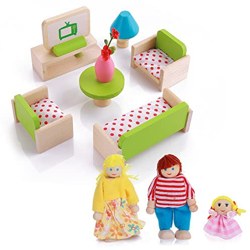 cobee Puppenhaus Minimöbel Set aus Holz, 12 teiliges Miniatur Puppenhaus Möbel mit 3 Familienpuppenfiguren, Puppenhaus Wohnzimmer Zubehör Puppenhaus Dekoration zum Rollenspiel
