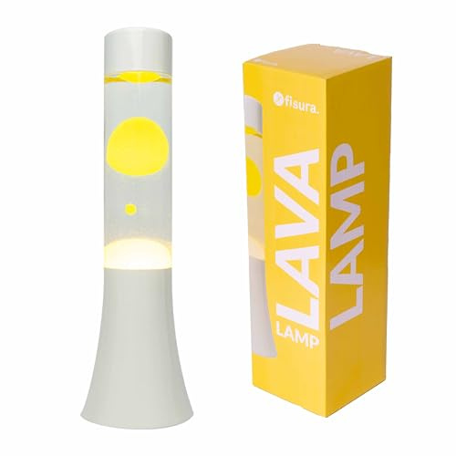 FISURA - Gelbe Lavalampe. 30 cm große Lavalampe mit weiße Basis, transparenter Flüssigkeit und gelber Lava. Lampe mit Entspannungseffekt. 9x9x30 cm