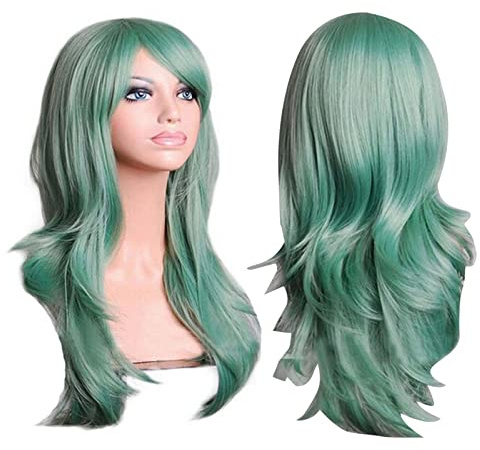 Peluca Verde Larga Y Rizada de 70 Cm, Peluca Cómoda con Sombreros de Malla Transpirable, Peluca Sintética Agradable a la Piel con Flequillo Lateral, Peluca Multiusos de Aspecto Natural para Cosplay, F