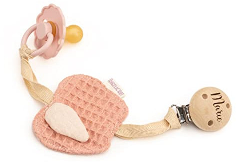 Schnullerhalter aus Musselin, Apfel aus Musselinstoff/Waffel/Baumwolle mit Befestigung für Nuckis mit Gravur (Rosa)