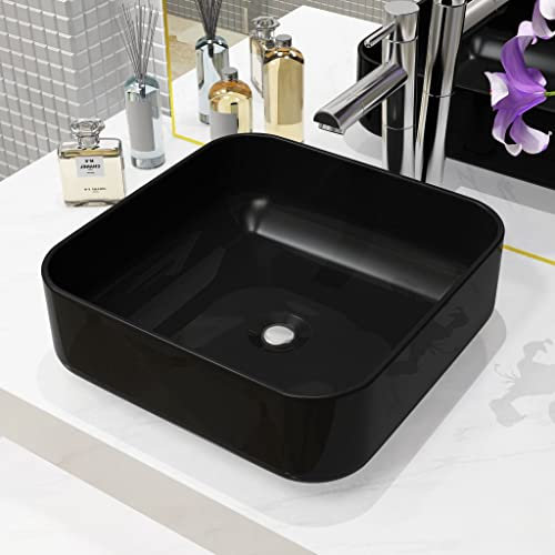 XIAOGUANG Waschbecken, Aufsatzwaschbecken, Waschtisch, Aufsatzwaschtisch, Wash Basin, Badmöbel, Bathroom Sink, Keramik Quadratisch Schwarz 38 x 38 x 13,5 cm