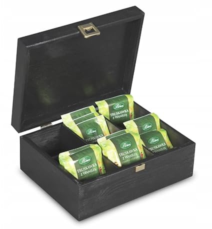 Pine Wood Solid Wooden Box Storage Tea Bags Organiser 6 Removable Dividers Kitchen Caddy Black Chest with Lid Hasp Teas