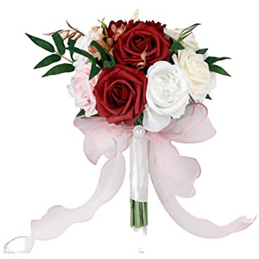 harayaa Bouquet de Demoiselle d'honneur Bouquet de Demoiselle d'honneur Fait Main Romantique pour La Douche Nuptiale Décoration d'anniversaire de Mariage à La, Rouge Blanc