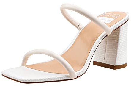 BCTEX COLL Women's High Heeled Sandals Two Strap Square Toe Slip on Comfortable Chunky Strappy Heels for Women, White, Size 8.5