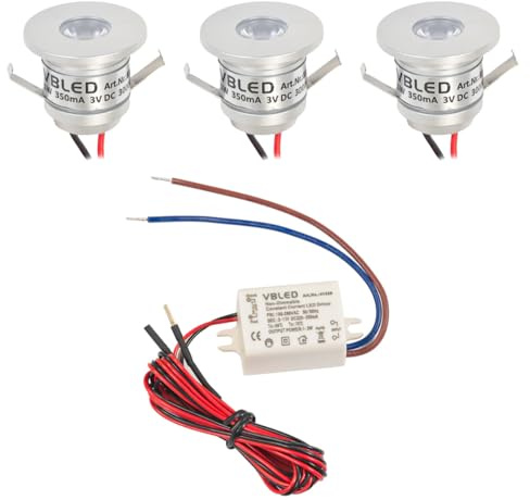 VBLED® 3er Set LED Aluminium Mini Einbaustrahler 3x1W 350mA 80lm warmweiß (3000 K) mit Netzteil Nicht dimmbar