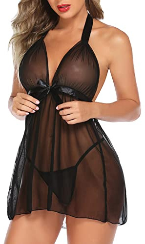 WWricotta Lingerie for Women Lace Chemise Negligees Sexy Exotic Nightgowns Nighties Sheer Mesh Nightwear (1PC Nightdress+1PC Underpants) Sexy See Thru Lingerie for Women Black