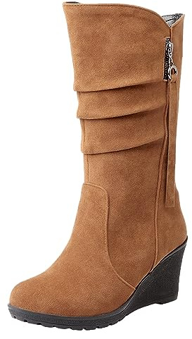 rismart Femme Souple Botte mi-mollet Talon Compensé Mince Doublé de Fourrure Daim Cuir Chaussures d'hiver Marron,40