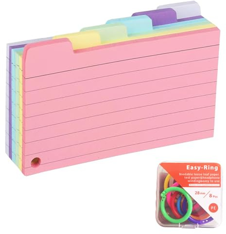 ZKSXOA 150PCS Cartes de révision, Cartes d'index perforées, fiches régulées,Cartes de révision, Cartes d'index vides avec 8 Anneaux de Reliure,Convient pour la Prise de Notes,l'étude,Le Travail