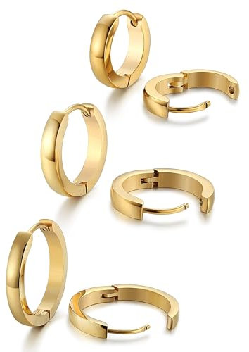 FIOROYAL 3Paar Edelstahl Ohrringe Herren Damen Creolen Huggie Ohr Piercings Hypoallergen Ohrringe Männer Gold 12/16/20mm